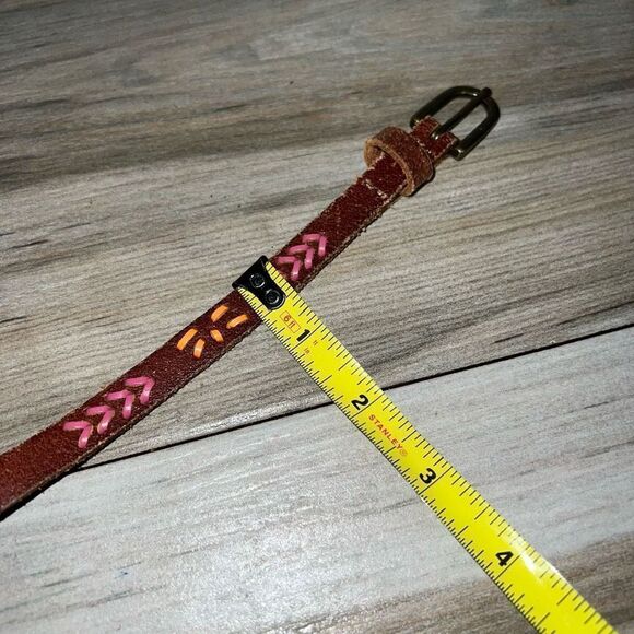 J. Crew Skinny Leather Belt Women Small Hot Pink Orange Brown Gold Tone Buckle - Picture 5 of 7